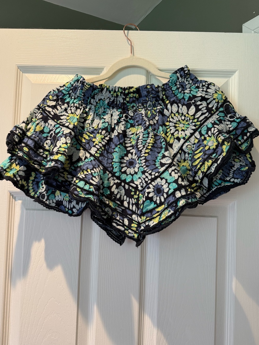 aerie Floral Tiered Ruffle Shorts in Navy, Teal, White, and Yellow